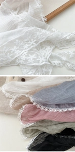 Detailed view of floral embroidery and crochet lace edges on breathable mesh scarves