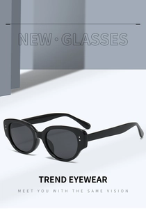 Detail view of black cat-eye sunglasses with silver double rivets on a geometric background