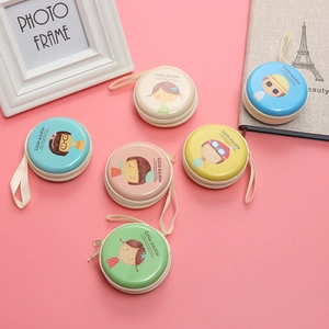 Round cartoon tinplate coin purse set with zipper closure and portable wrist strap