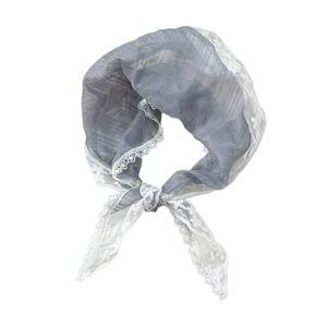 Gray sheer triangle scarf for women with elegant white floral lace embroidery trim