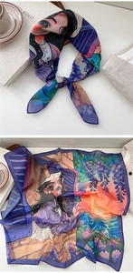 Detail of silk scarf with artistic cartoon girl print and floral patterns for handbags