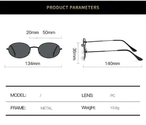 Size guide for vintage oval sunglasses with metal frame and PC lens dimensions
