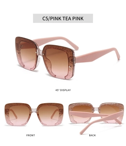 Detail view of square pink tea sunglasses with glitter frames from multiple angles