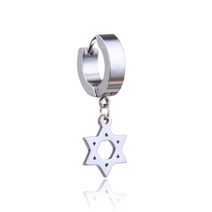 Silver stainless steel huggie hoop earring featuring a dangling Star of David pendant