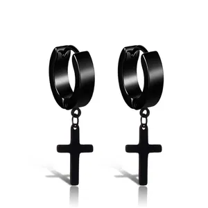 Unisex black stainless steel hoop earrings with cross pendant on white background