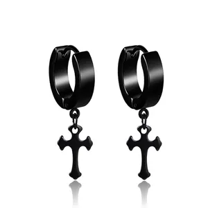 Black stainless steel cross dangle hoop earrings with polished punk style finish