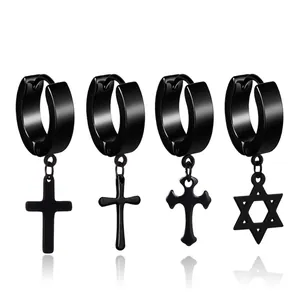 Cross Dangle Hoop Earrings Stainless Steel Punk Gothic Hip Hop Jewelry For Men Women Hexagram Star Of David Charm