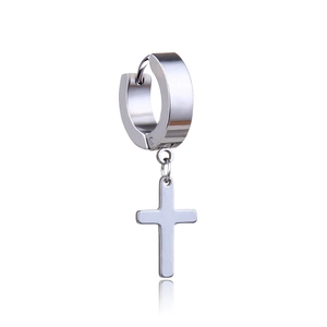 Silver stainless steel cross dangle hoop earring with a polished finish for men