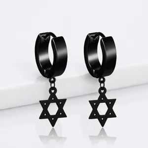 Matte black stainless steel hoop earrings with hanging hexagram star pendants for men