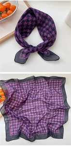 Detail of purple houndstooth silk scarf showing flat lay and knotted styling textures