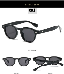 Vue détaillée multi-angles de lunettes de soleil ovales rétro avec rivets en métal sur cadres