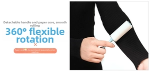 Detail of portable lint roller showing 360-degree rotation and detachable handle parts