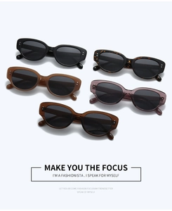 Flat lay of vintage oval sunglasses in black, tortoise, and translucent colors with rivets