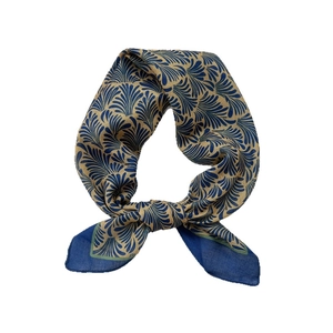 Vintage palm leaf pattern scarf in navy and gold brown with a soft cotton-linen texture