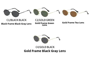 Matrix display of oval vintage sunglasses in black, gold green, tea, and black grey colors