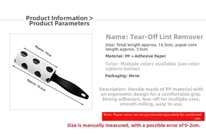 Detailed size specifications of the portable lint roller with a black and white dotted core