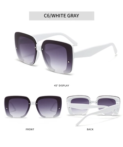 Three-angle views of white square sunglasses with gradient lenses and metal rivet details