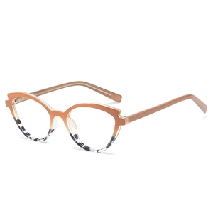 Stylish cat-eye TR90 eyewear frames in brown and tortoiseshell with transparent temples