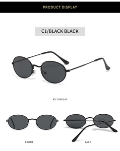 Detailed views of vintage oval punk sunglasses with black metal frame and dark lenses