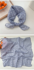 Light blue floral cotton linen square scarf showing knot detail and flat layout view