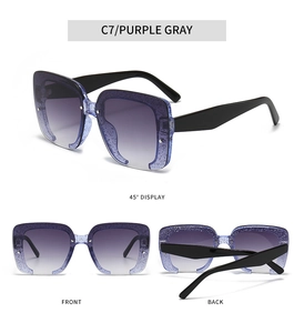 Detail view of square purple sunglasses with glitter frames and gradient lenses from multiple angles
