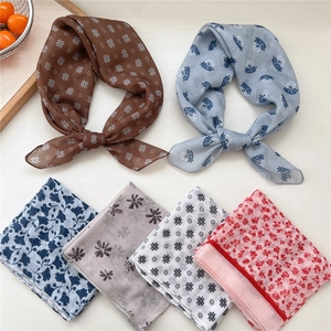 Set of six breathable cotton linen square scarves with vintage floral and geometric patterns