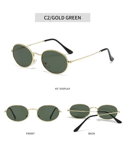 Three-view display of retro oval metal sunglasses in gold green finish with 45° angle