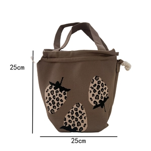 Brown knitted tote bag with leopard strawberry pattern, dimensions 25cm x 25cm