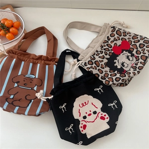 Cute cartoon knitted drawstring handbag set featuring bear, dog, and leopard patterns