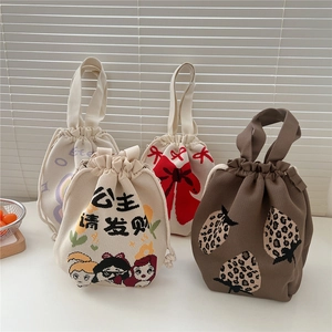 Cute cartoon drawstring knitted handbags in multiple patterns for women's daily use