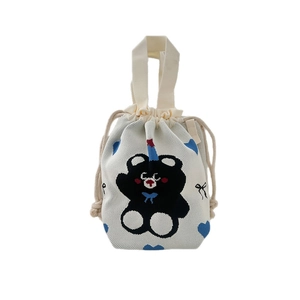 Cream knit drawstring handbag featuring a cute cartoon bear and hearts for women