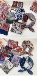 Detailed view of paisley and floral patterns on breathable cotton-linen small square scarves