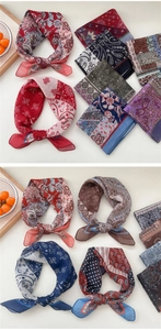 Detailed close-up of paisley pattern square scarves in multiple colors for women