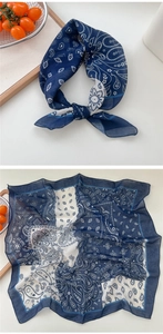 Detailed blue and white paisley pattern on breathable cotton linen square scarf
