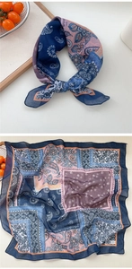 Detail of vintage paisley cotton linen square scarf with navy and pink floral patterns
