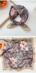 Detail showing vintage paisley and floral print pattern on a soft square neck scarf