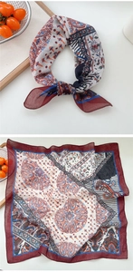 Close-up of vintage paisley pattern on a soft breathable cotton linen square scarf