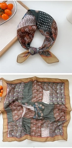Detail of bohemian paisley print neck scarf with vintage floral and polka dot patterns
