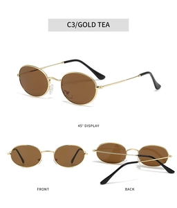 Detailed views of gold metal oval punk sunglasses with brown tea lenses from three angles
