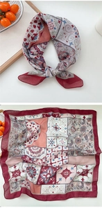 Detail of bohemian floral cotton linen small square scarf with paisley and mosaic patterns