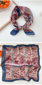 Close-up of lightweight chiffon square scarf with vintage floral and geometric patterns