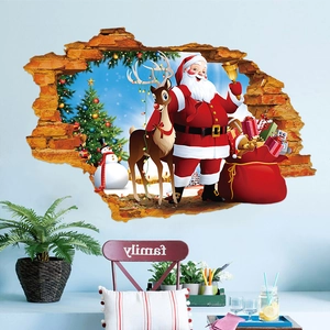 3D Santa Claus wall sticker with reindeer and snowmen on blue wall for home decor