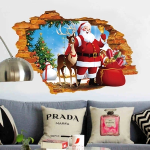 3D Santa Claus and reindeer wall sticker with a cracked wall effect for Christmas decor