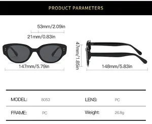 Detailed sizing chart and technical specifications for Y2K cat eye polarized sunglasses
