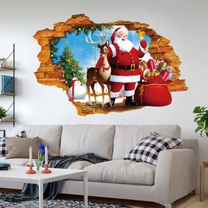 3D Santa Claus wall sticker with reindeer and gifts on a living room sofa background