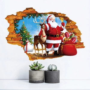 3D wall sticker featuring Santa Claus, reindeer, and snowman through a broken brick wall