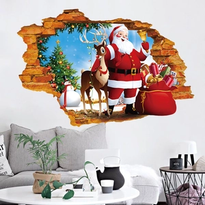 Christmas 3D Broken Wall Sticker PVC Santa Claus Reindeer Snowman Tree Living Room Holiday Home Decor