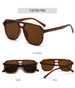 Three-view detail of tea brown aviator sunglasses with double bridge and metal rivets