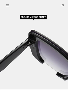 Detail view of secure mirror shaft hinge and purple gradient lenses on square sunglasses