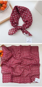 Detail of wine red cotton linen small square scarf with white floral patterns